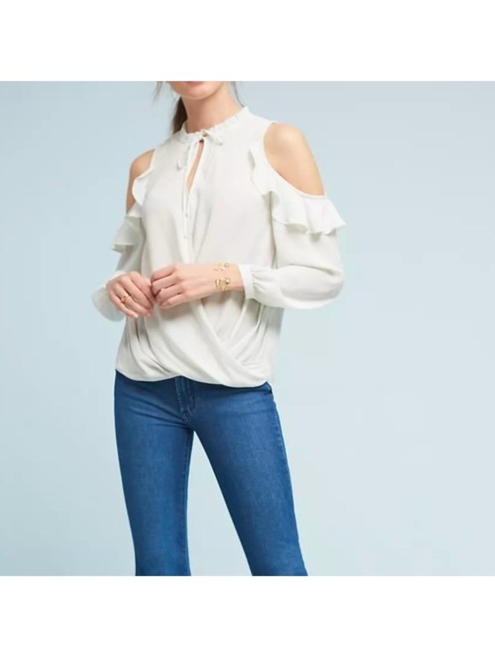 Maeve Cold Shoulder Ruffle Blouse Mint Green Surplice Tie Neck Top Size S